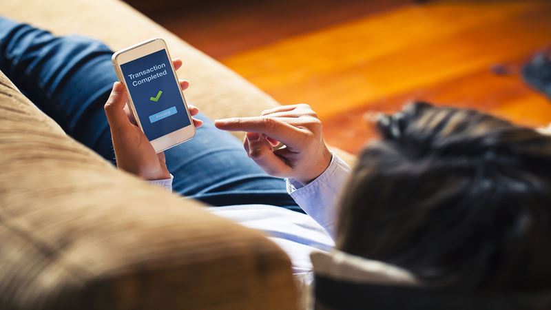 person laying on the couch completing a transaction on a cell phone 