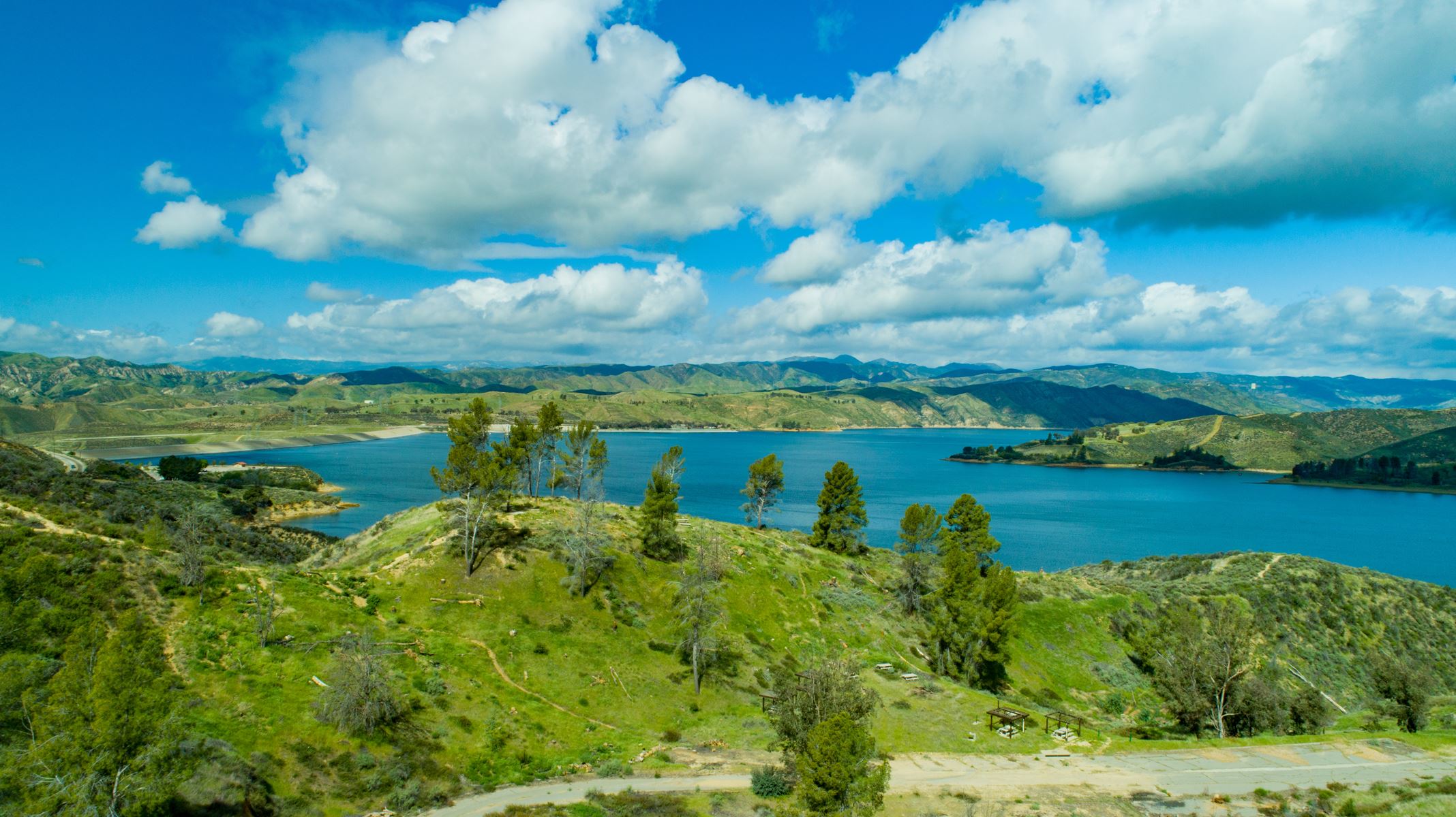 overlooking a blue lake